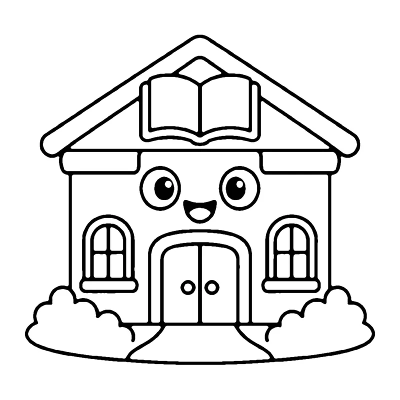 Line drawing of a smiling library building with an open book on the roof, arched windows and doors