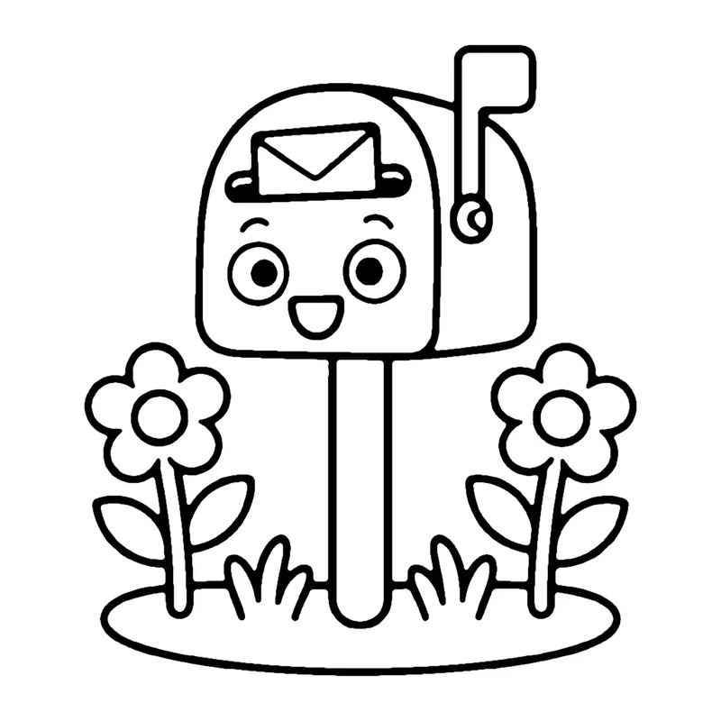 Line drawing of a smiling mailbox on a post with a letter peeking out and a flag up, between flowers