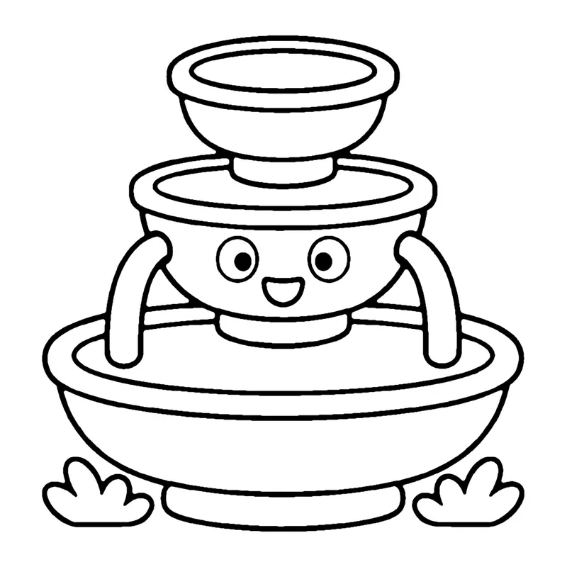 Line drawing of a smiling three-tier fountain with water bowls stacked above a wide basin