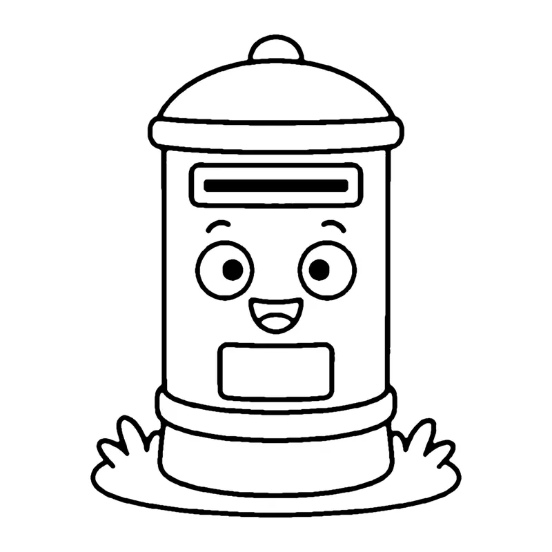 Line drawing of a smiling round post box with a domed top and a mail slot