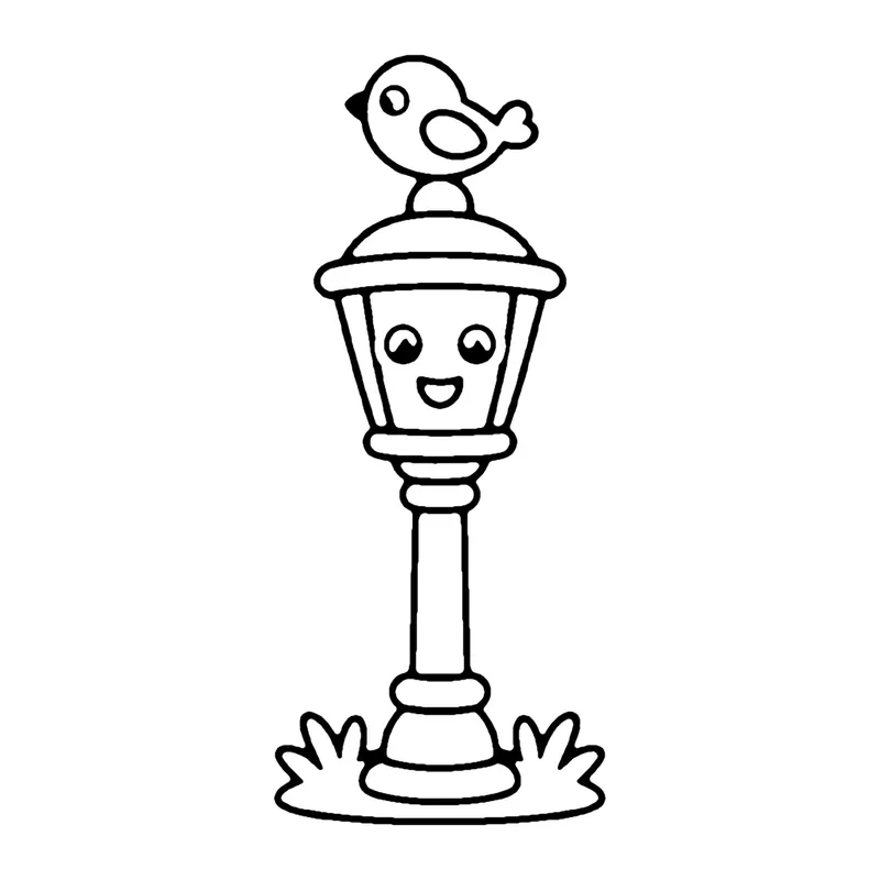 Line drawing of an old-fashioned street lamp with a smiling lantern and a bird on top
