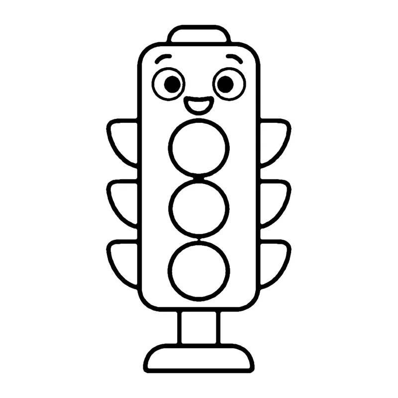 Line drawing of a smiling traffic light with three round lights stacked in a column