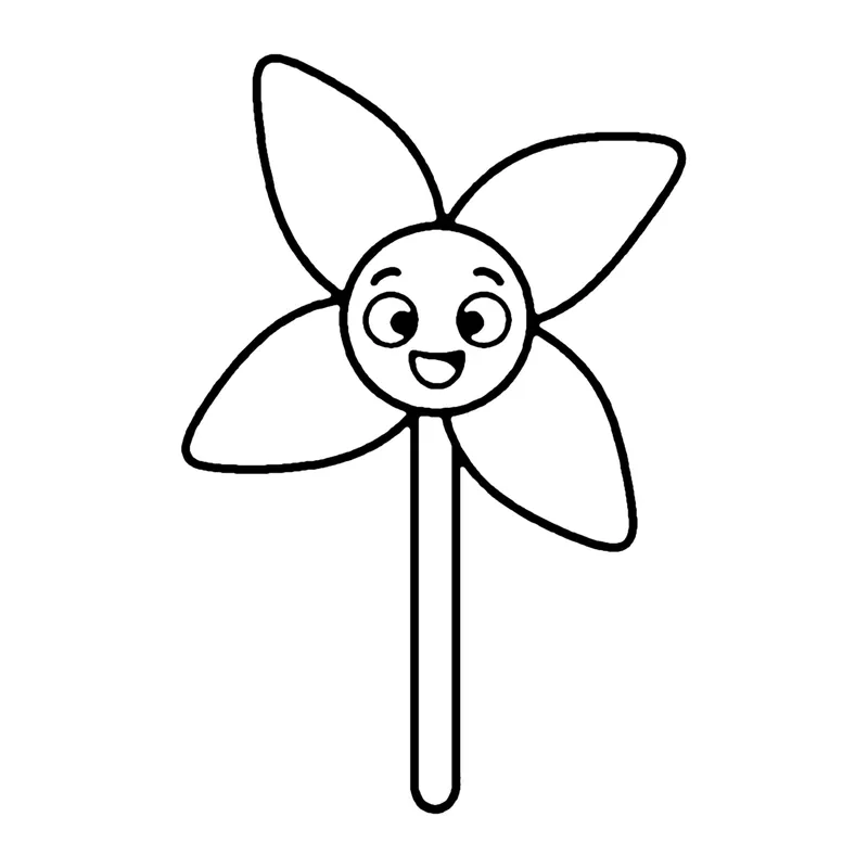 Line drawing of a pinwheel with four curved blades and a smiling center on a straight stick