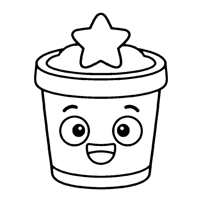 Line drawing of a smiling tub of play dough with a star shape on top