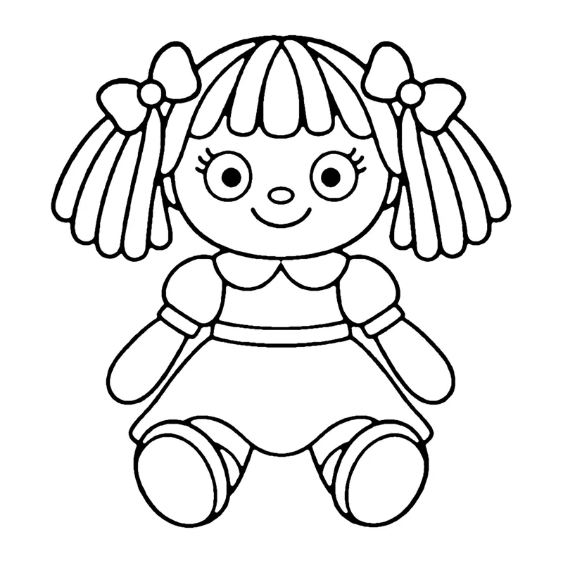 Line drawing of a rag doll with yarn pigtails tied in bows, a puffy-sleeved dress and stitched shoes