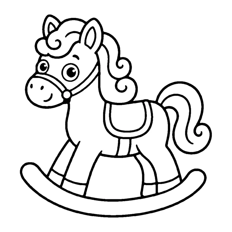 Line drawing of a rocking horse with a curly mane, a saddle and curved wooden rockers