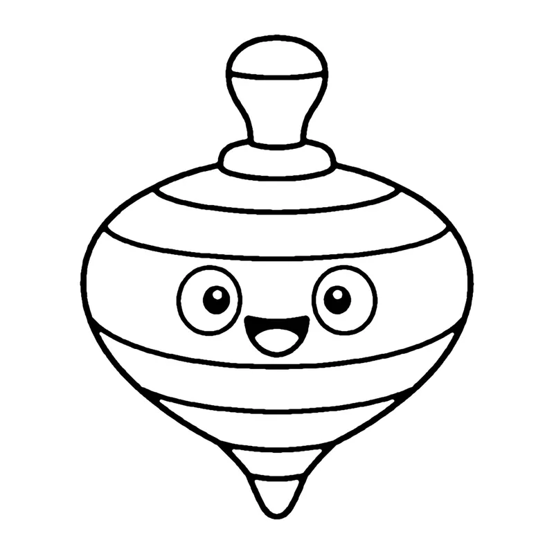 Line drawing of a smiling spinning top with a knob handle and stripes around its body