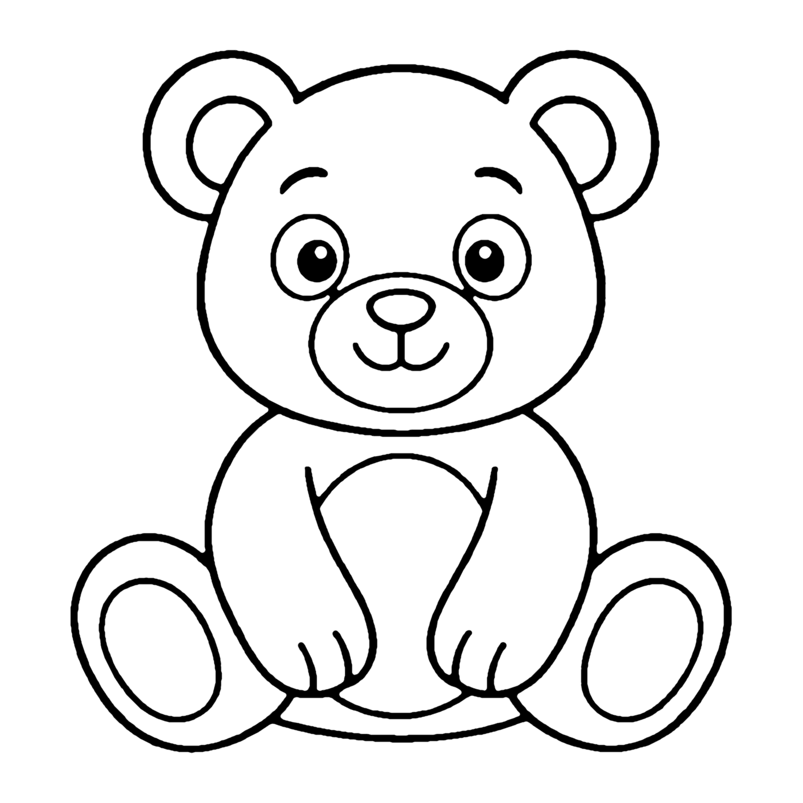 Line drawing of a sitting teddy bear with round ears, a big tummy patch and paw pads on its feet