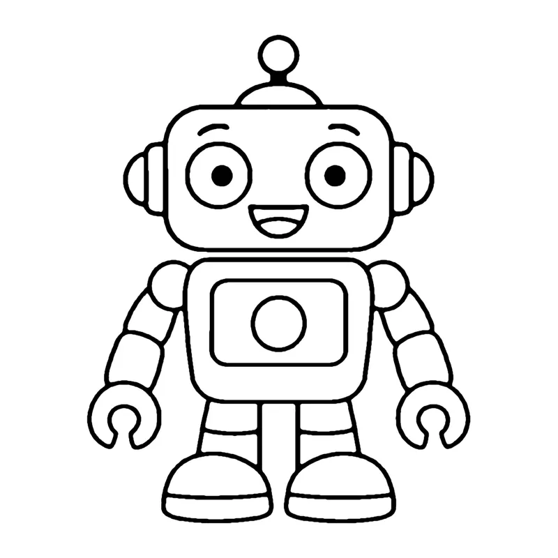 Line drawing of a boxy smiling toy robot with an antenna, a chest panel and claw hands