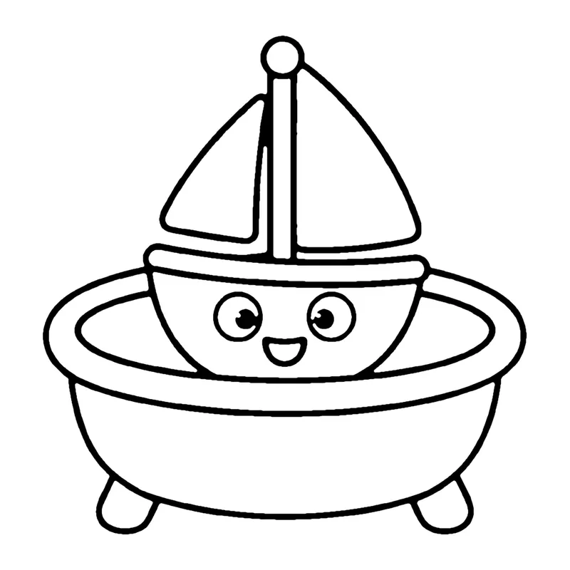 Line drawing of a smiling toy sailboat with a triangle sail floating in a little footed bathtub