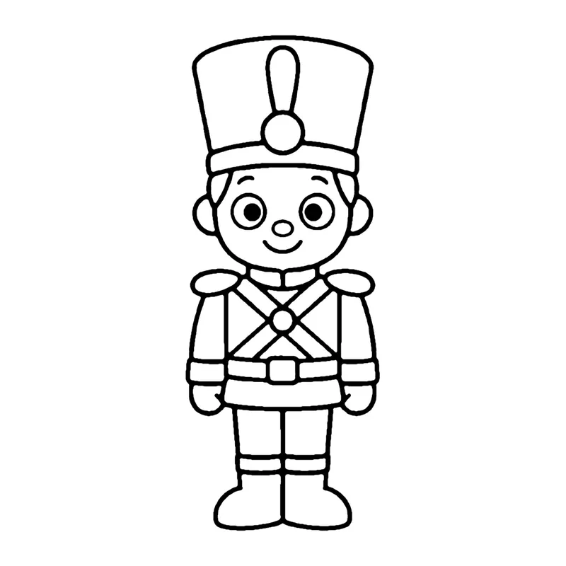 Line drawing of a toy soldier in a tall plumed hat, a jacket with crossed straps and tall boots