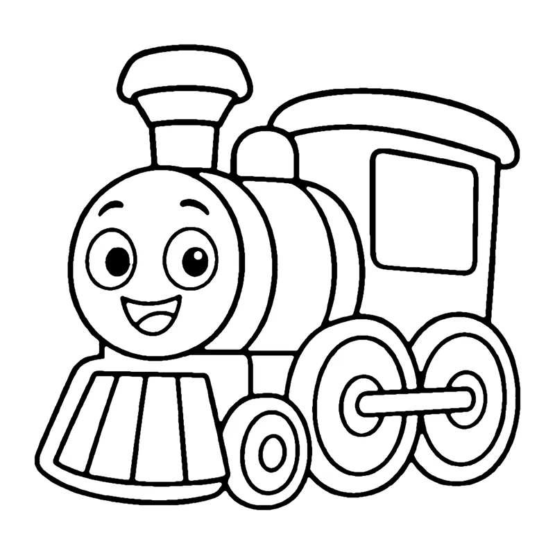 Line drawing of a smiling toy steam engine with a smokestack, a cab window and big wheels
