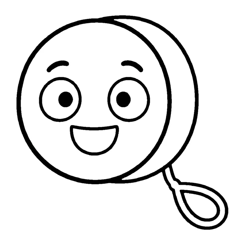 Line drawing of a smiling round yo-yo with a looped string hanging from the side