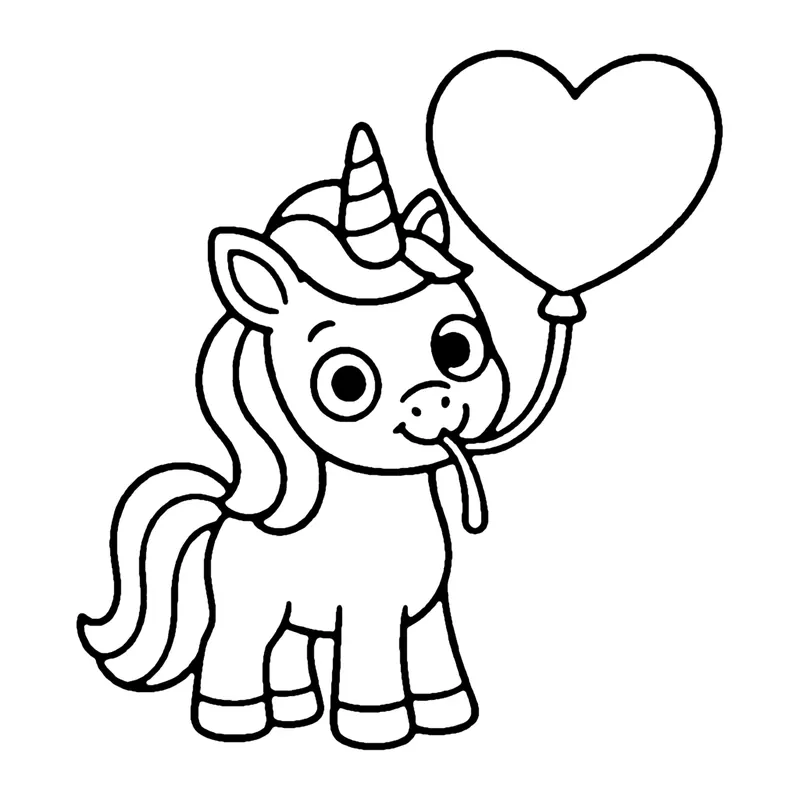 Line drawing of a unicorn holding the string of a heart-shaped balloon in its mouth
