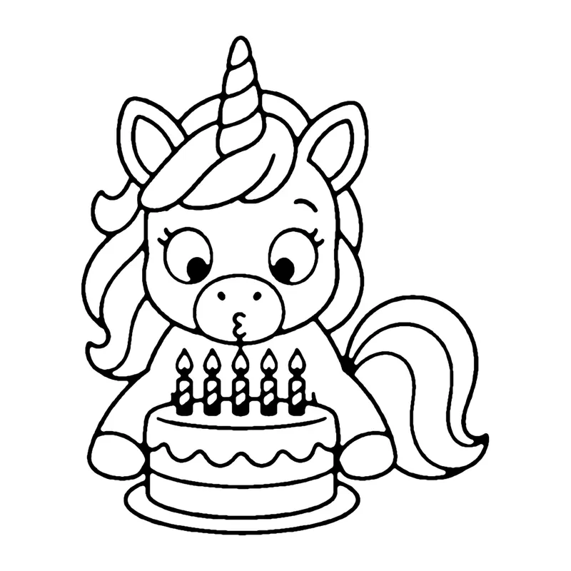Line drawing of a unicorn blowing out candles on a layered birthday cake