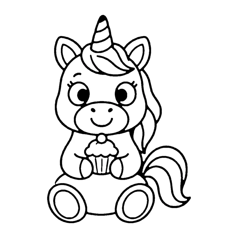 Line drawing of a sitting unicorn holding a cupcake with a cherry on top