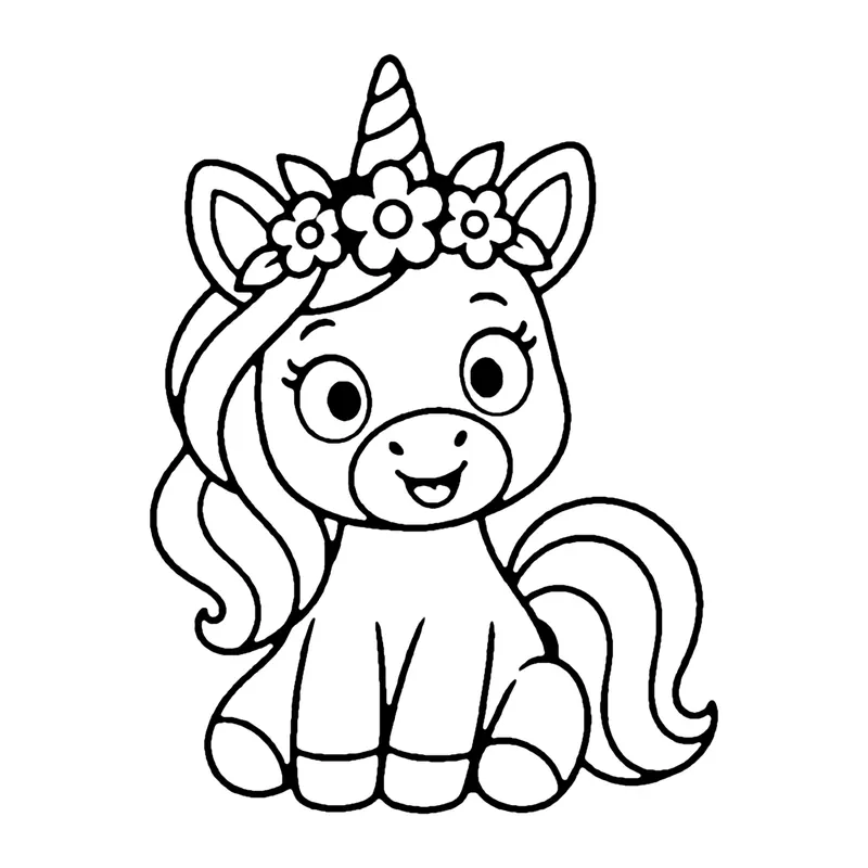 Line drawing of a sitting unicorn wearing a crown of flowers in its curly mane