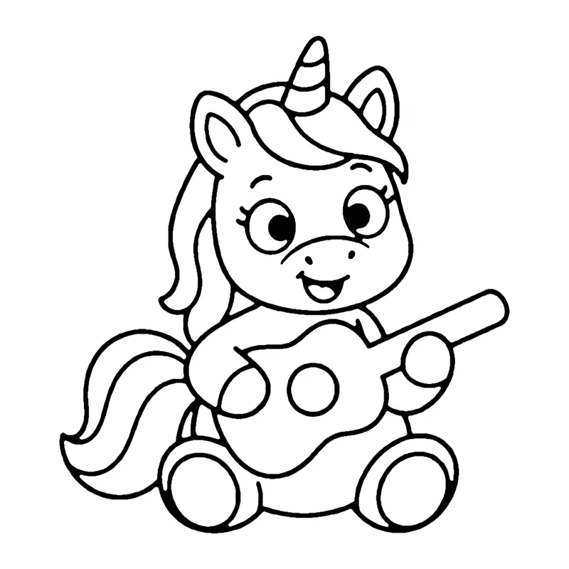 Line drawing of a sitting unicorn strumming a small guitar