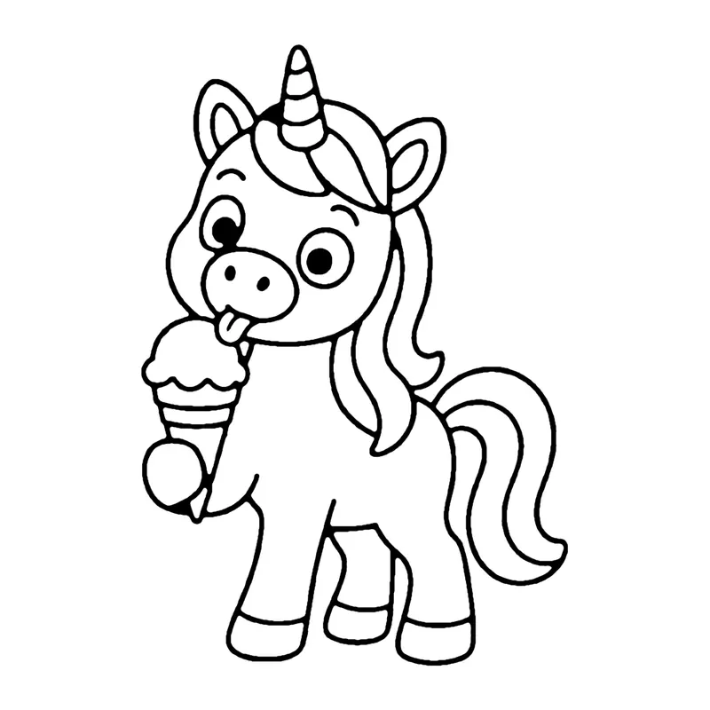 Line drawing of a unicorn licking a scoop of ice cream on a cone