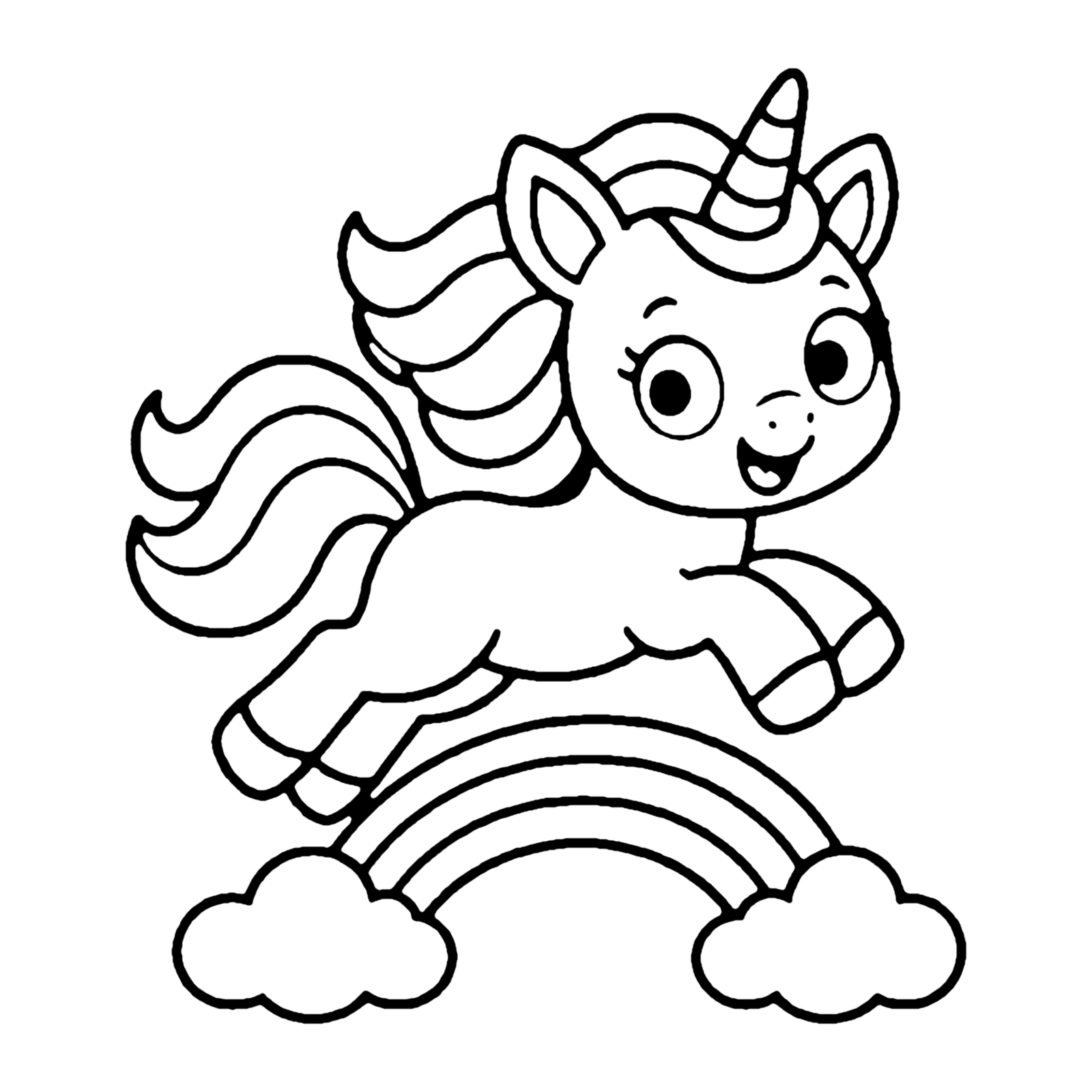 Line drawing of a smiling unicorn leaping over a rainbow that rests on two fluffy clouds
