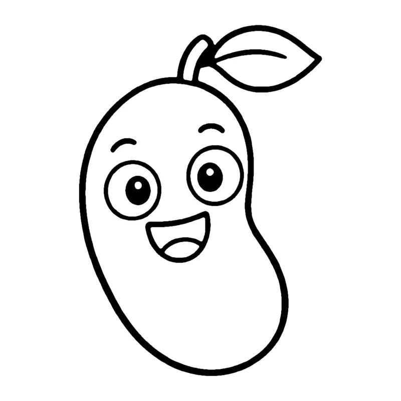Line drawing of a smiling kidney-shaped bean with a small leaf on its stem