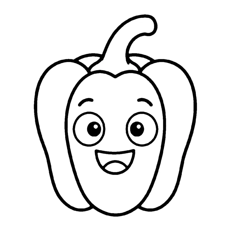 Line drawing of a smiling bell pepper with rounded lobes and a curved stem