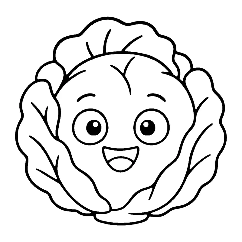 Line drawing of a smiling round cabbage with wavy leaves curling around its head