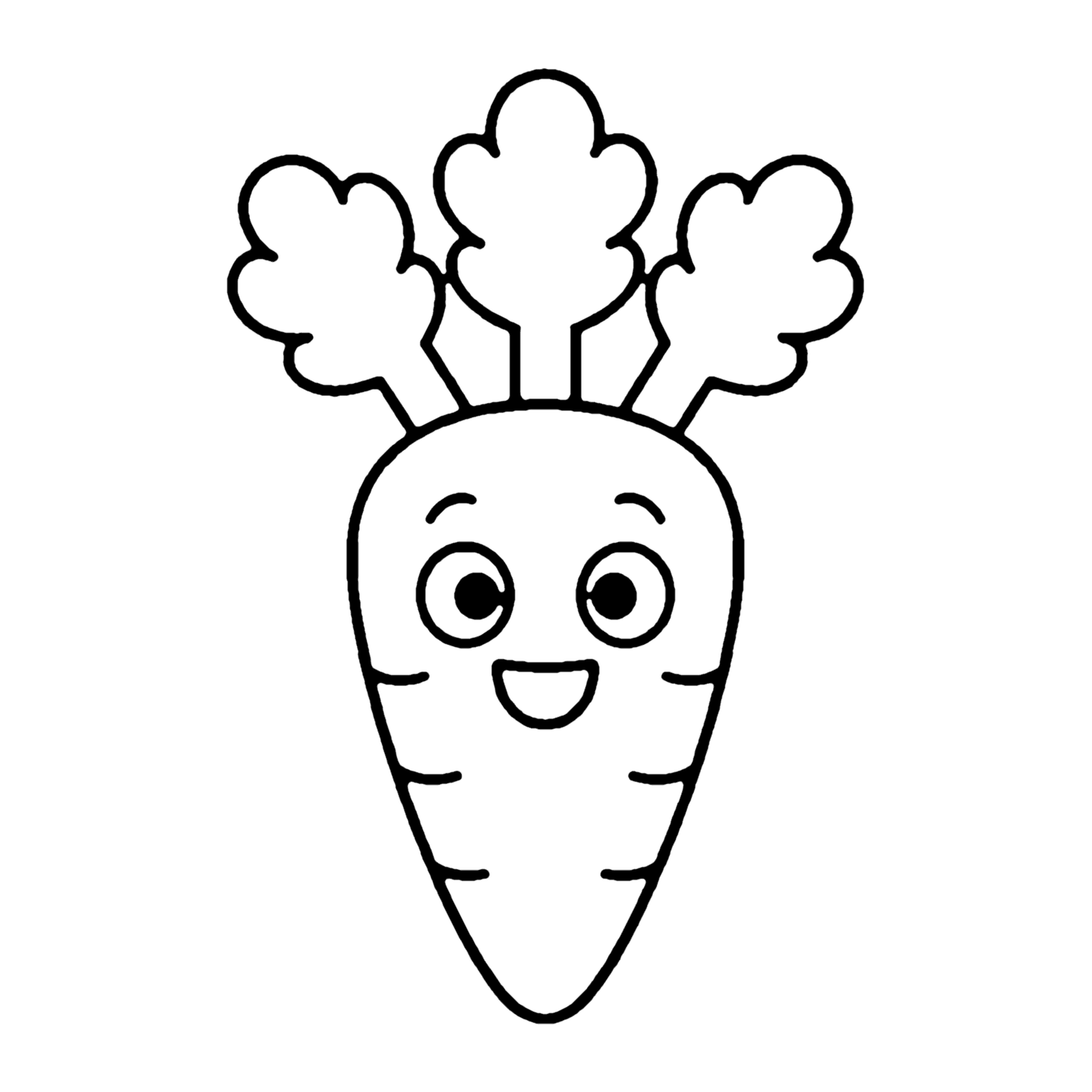Line drawing of a smiling carrot with a curly leafy top and a few lines across its body