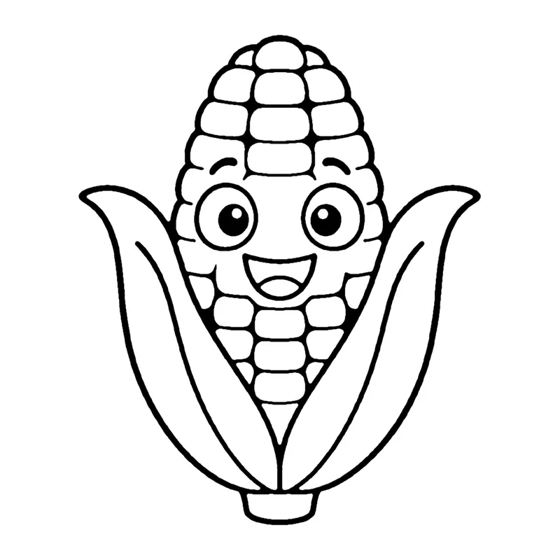 Line drawing of a smiling ear of corn with rows of kernels peeking out of green husk leaves