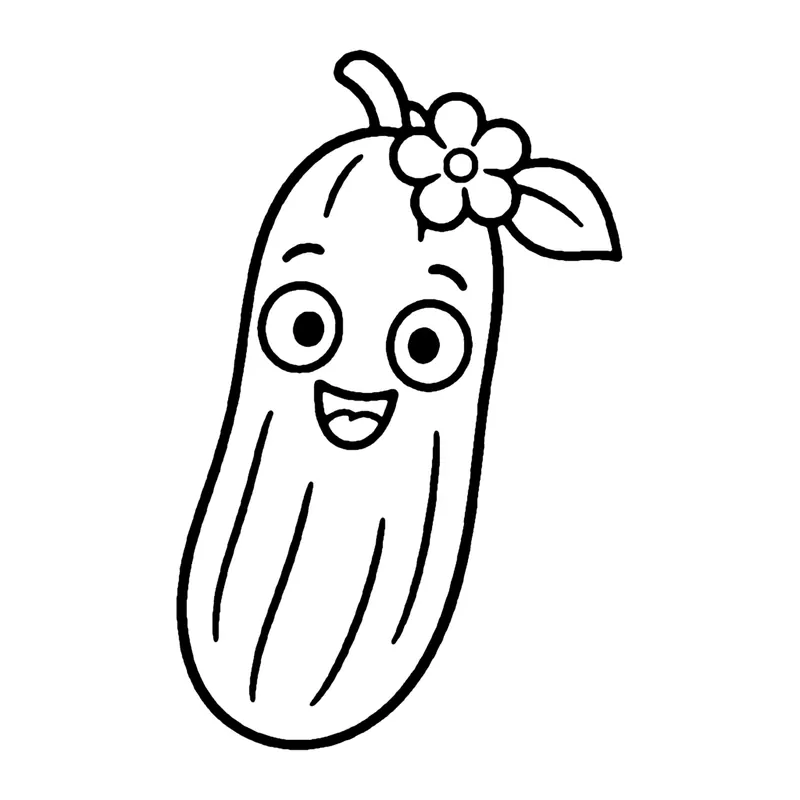 Line drawing of a smiling cucumber with a tiny flower on its stem and small bumps on its skin