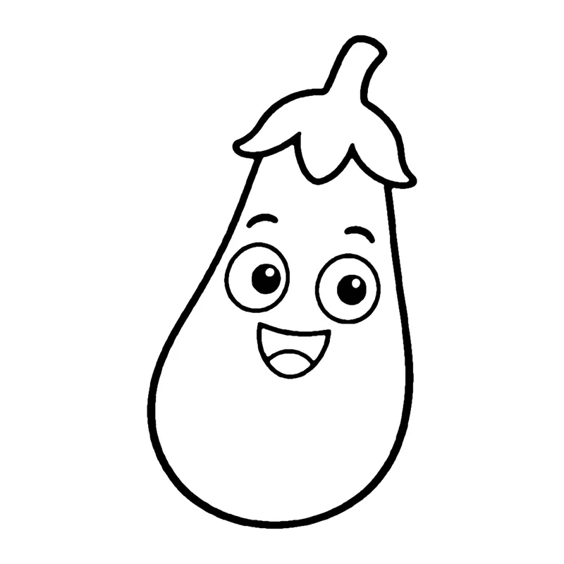 Line drawing of a smiling eggplant with a rounded bottom and a leafy cap on top