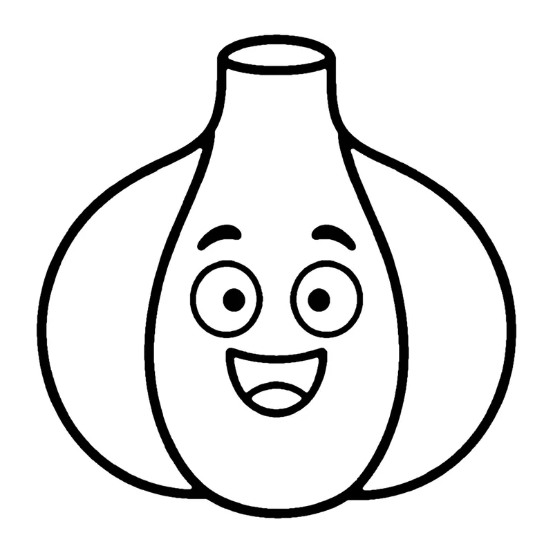 Line drawing of a smiling bulb of garlic with a pointed top and rounded sides