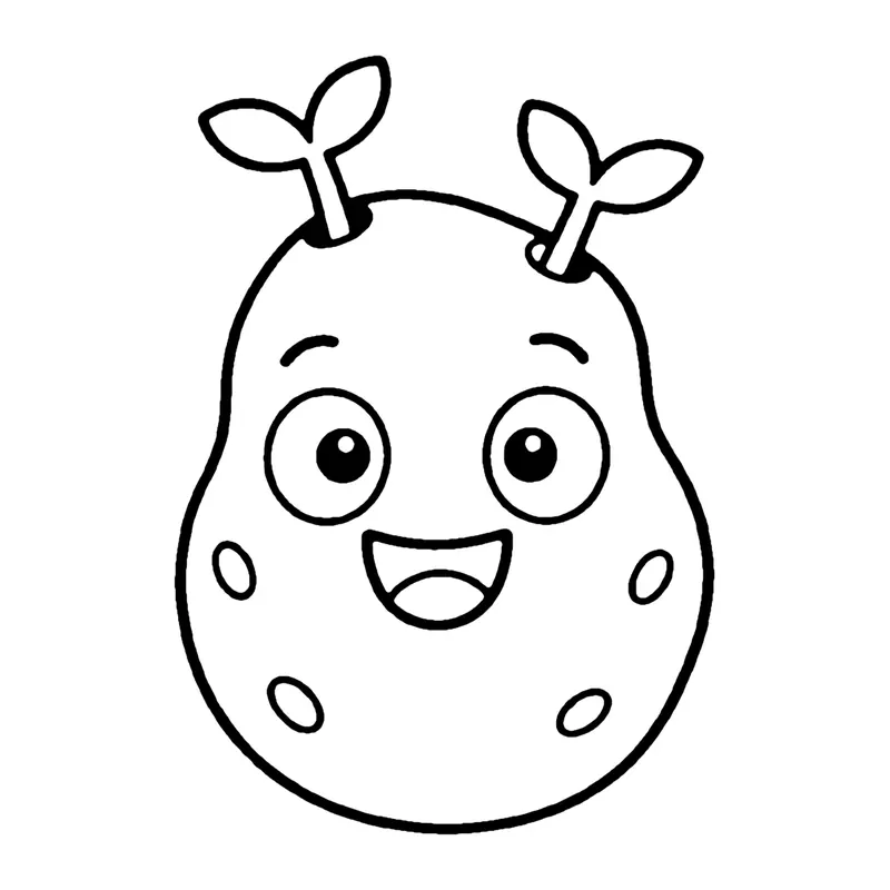 Line drawing of a smiling potato with small spots on its skin and two little sprouts on top