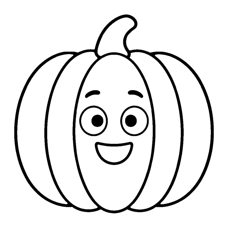 Line drawing of a round smiling pumpkin with curved ridges and a curly stem