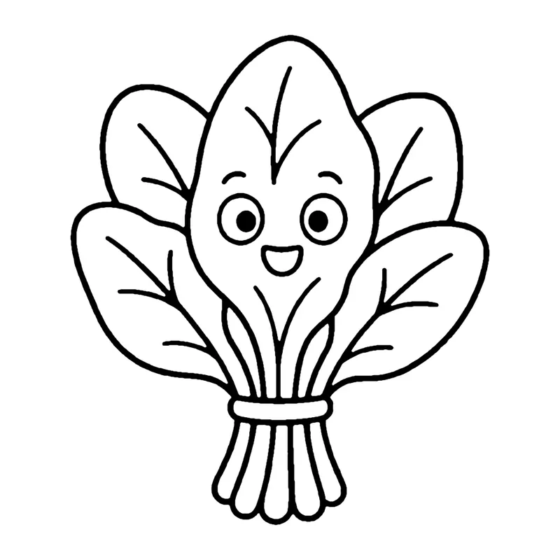 Line drawing of a bunch of spinach leaves tied together, with a smiling face on the middle leaf