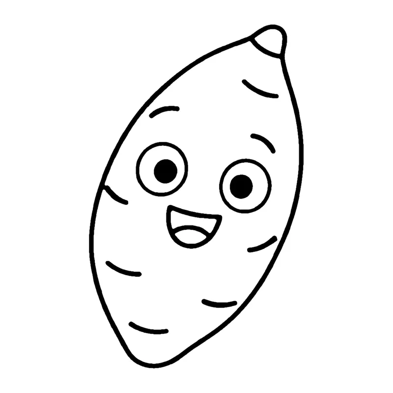 Line drawing of a smiling oval sweet potato with tapered ends and a few short lines on its skin