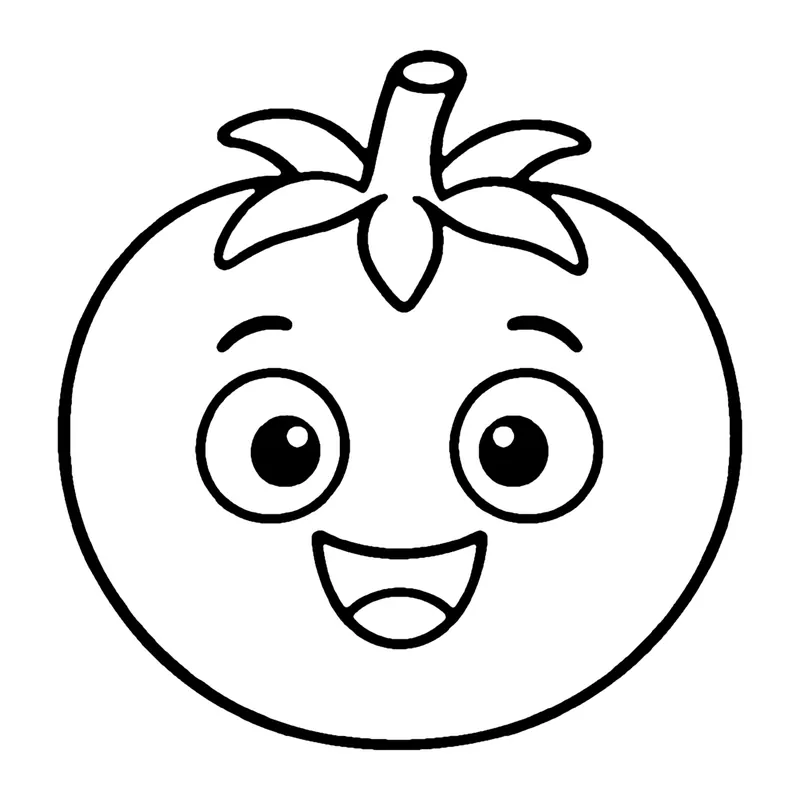 Line drawing of a round smiling tomato with big eyes and a star-shaped leafy top
