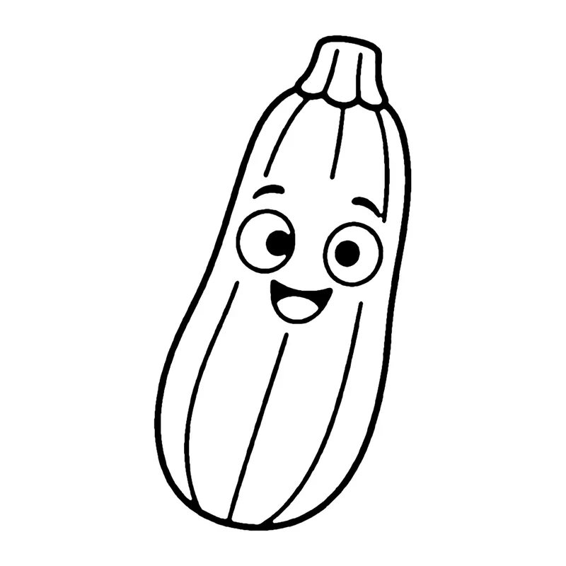 Line drawing of a smiling zucchini with long lines down its skin and a short stem